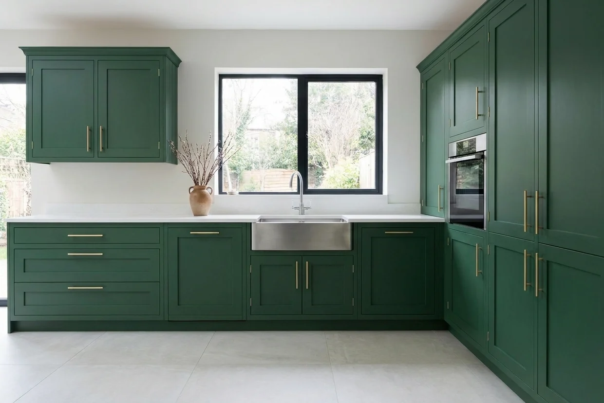 The same kitchen resprayed deep green with brushed brass handles