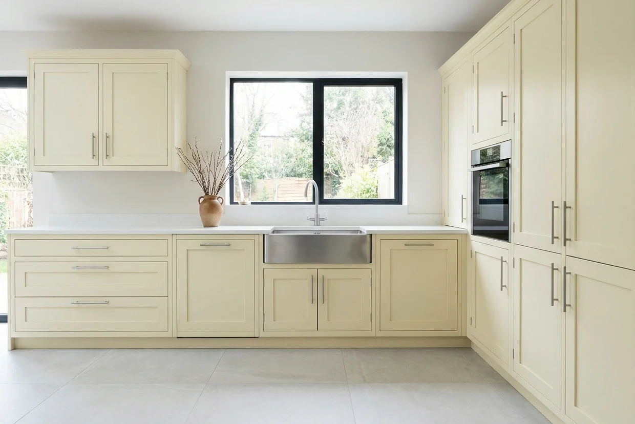 A modern shaker kitchen in tired magnolia cream with steel handles